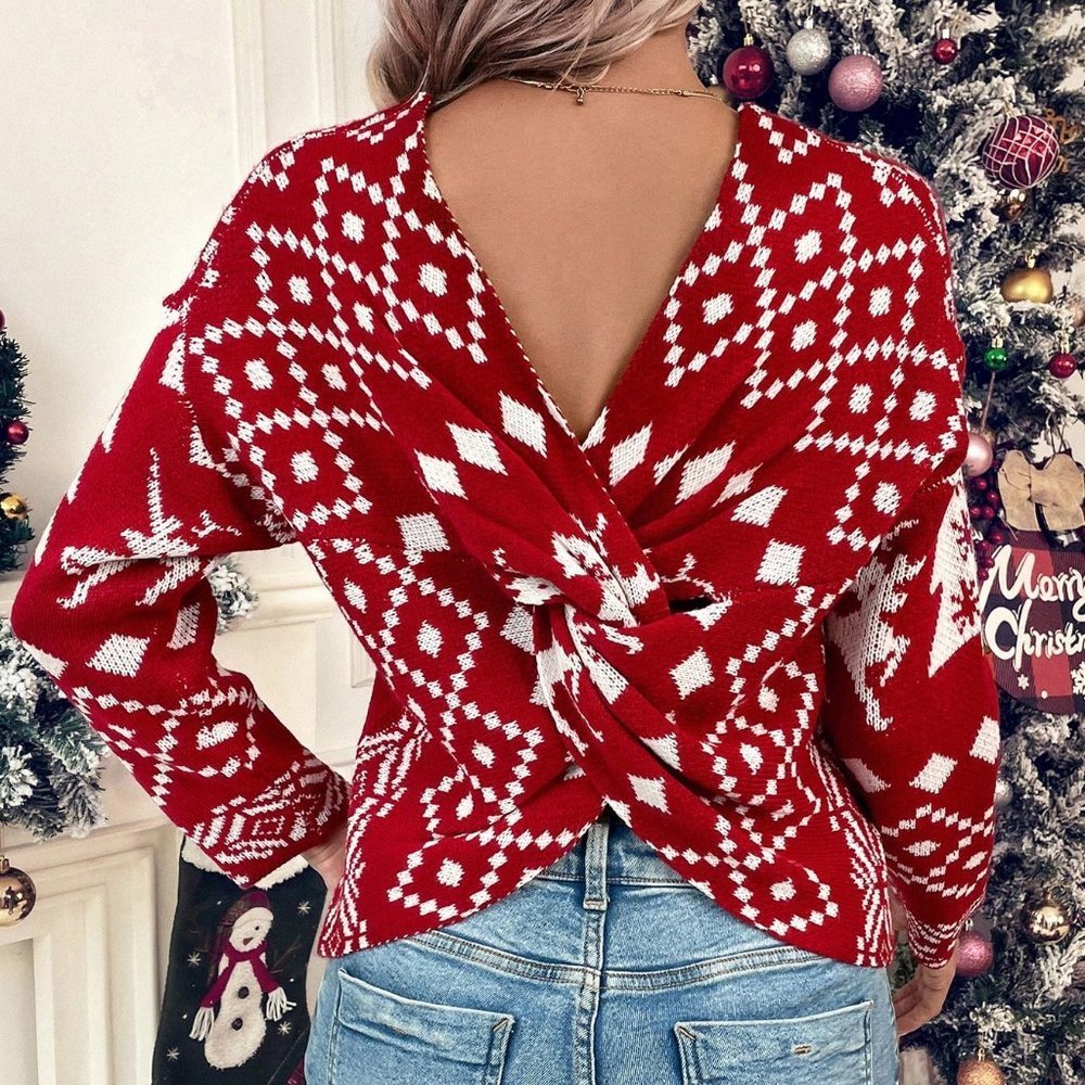 Red Casual Womens Geo Pattern Twist Back Drop Shoulder Sweater - Picture 5 of 6